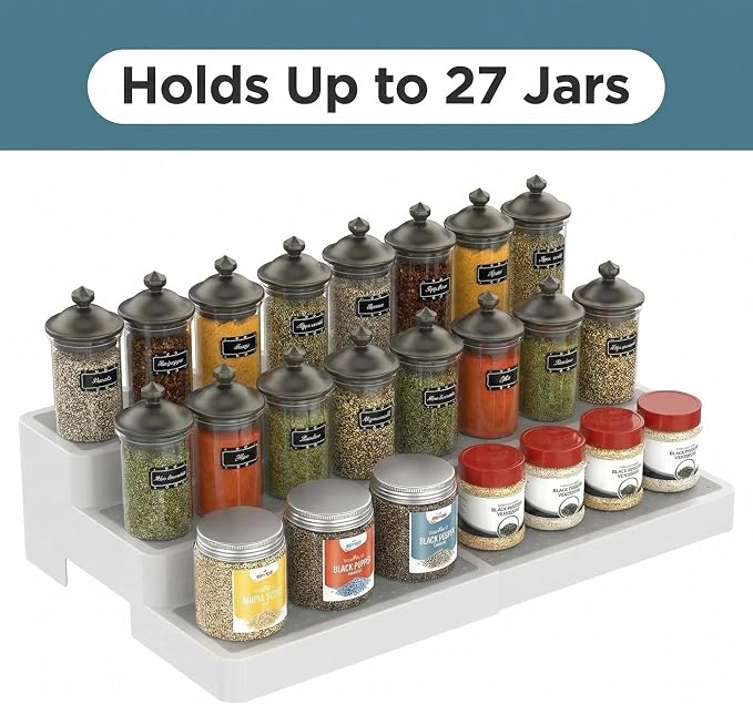 YAN & HIN Expandable Spice Rack Organizer for Cabinet (2 Pack), 3-Tier Tiered Spice Shelf Organizer with Non-Skid Surface, Spice Riser, Adjustable Pantry Organizer for Spices, Cans & Medicine Cabinet