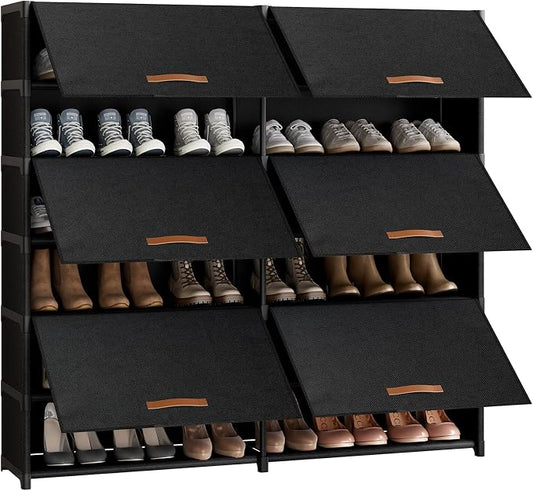 2 by 7 Tier Shoe Cabinet, 42-Pair Storage for Closet, Black | Removable layer fits tall boots. Split into 2 units for different spots. Door keeps shoes clean.