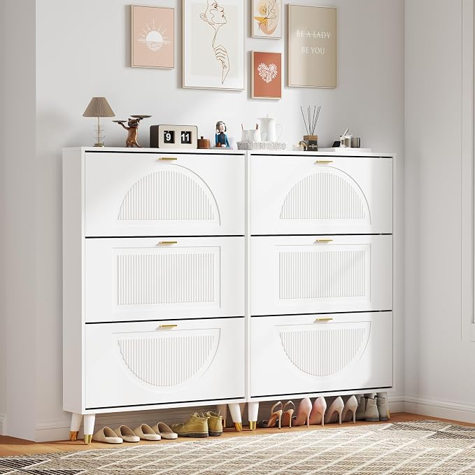 White Shoe Cabinet Storage for Entryway: Modern Hidden Shoe Storage Cabinet, Shoes Rack with 6 Flip Drawers, Wood Small Organizer with Doors (2 Pieces, 32")