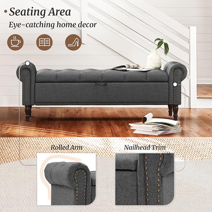 Storage Bench Ottoman, 61" Long King Linen Rolled Arm Bedroom End of Bed Bench, Window Bench with Button Tufted and Nailhead Trim for Foot of Bed Bench, Bedroom, Entryway, Living Room, Gray