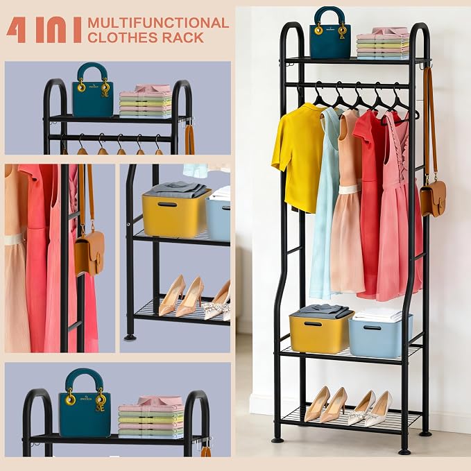 GloTika Narrow Clothes Rack - Clothing Rack with 3 Tier Metal Shelves, 71.9 Inch Tall Garment Rack with 8 Hooks, Freestanding Closet Organizer with Adjustable Leveling Feet for Small Space (Black)
