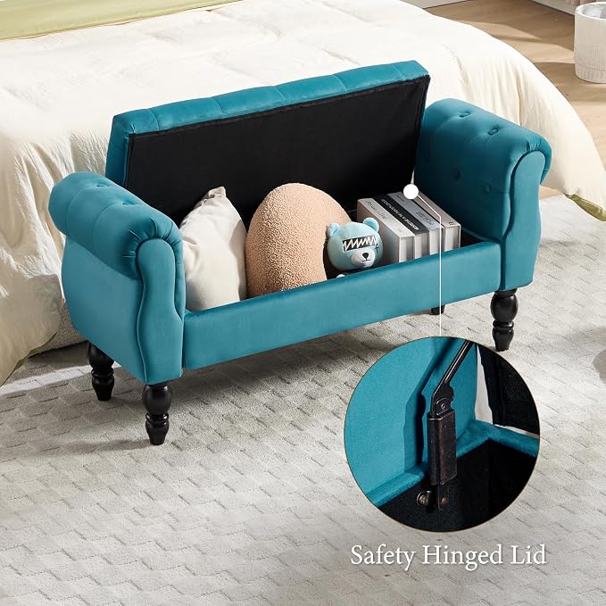 47″ Storage Bench with Arms End of Bed Bench,Velvet Entryway Bench with Storage, Button Tufted Upholstered Ottoman Bench Wood Legs, Window Sitting Bench for Bedroom/Living Room/Hallway, Teal