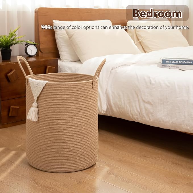 OIAHOMY Large Laundry Basket Hamper - 60L Cotton Rope Woven Basket for Blankets, Toys, Clothes - Tall Decorative Nursery Hamper with Long Handles, Yellow