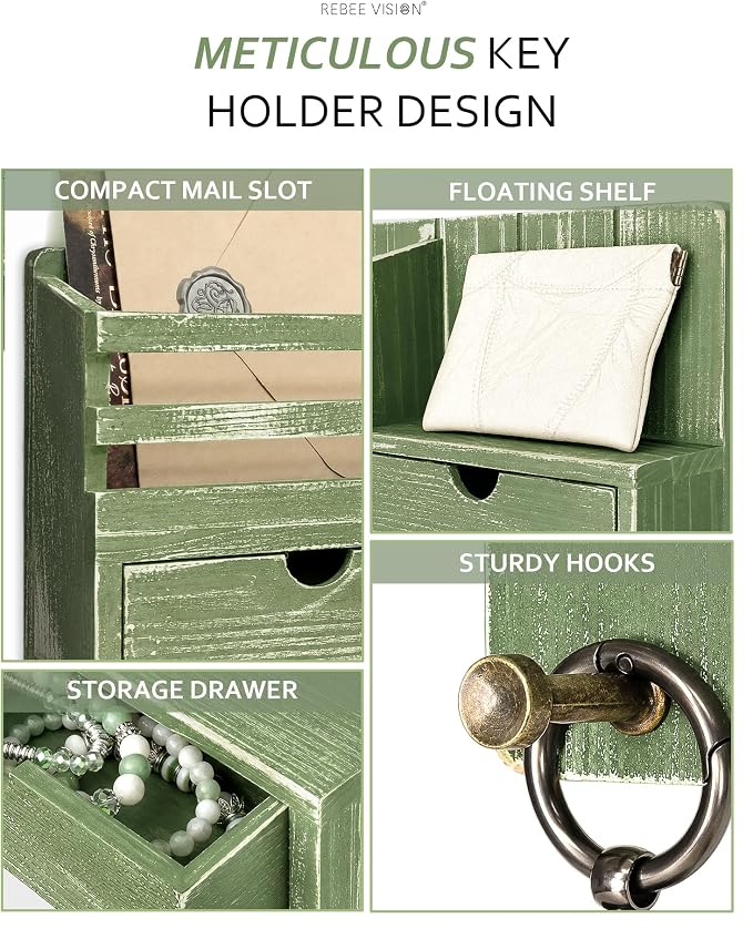 Rebee Vision Key Holder Wall Mount with 2 Drawers for Home Decor, Green | Mail Organizer for Wall, 6 Key Hooks, Drawer Organizer, Letter Storage, Plant Display, Apartment Essentials for Aesthetic