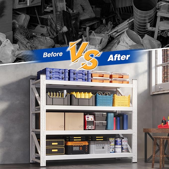 BYNSOE 48" W Storage Shelves 3000lbs Garage Metal Shelving Heavy Duty Garage Shelves Adjustable Storage Shelves for Industrial, Factory(White, 48" W X 24" D X 69" H)