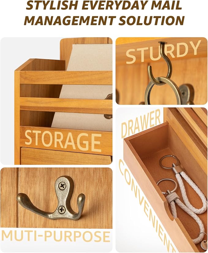 Rebee Vision Mail Organizer Wall Mount with Drawer for Entryway,Light Brown | Key and Mail Holder for Wall, 7 Key Hooks, Drawer Organizer, Mail Organizer, Key Hanger, Farmhouse Aesthetic Home Decor