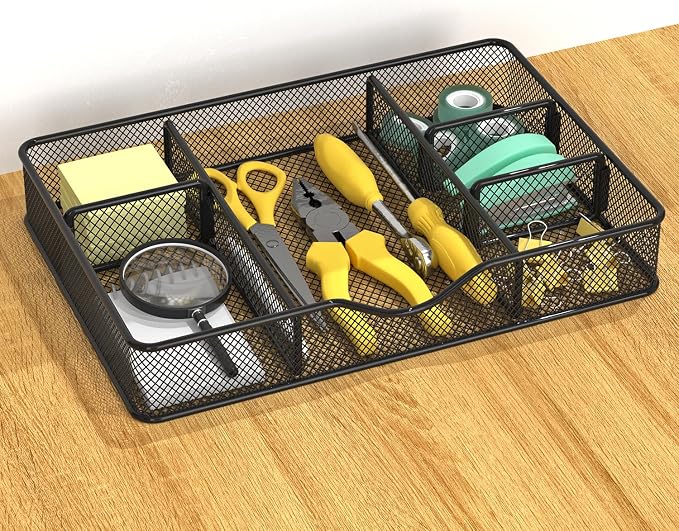VyGrow Desk Drawer Organizer Tray, Metal Mesh Drawer Organizers Office, 6 Adjustable Compartment, Desk Organizer Tray for Home Office 12.87L x 8.73D x 1.96H inch, Black, 1PC Medium