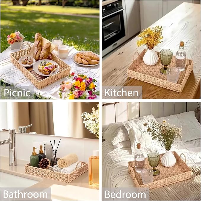 GRANNY SAYS Rectangle Serving Tray, Coffee Table Tray, Wicker Serving Trays with Handles, Decorative Tray for Coffee Table, Woven Tray for Living Room, 15 ¾"×11 ½"×2 ¼"