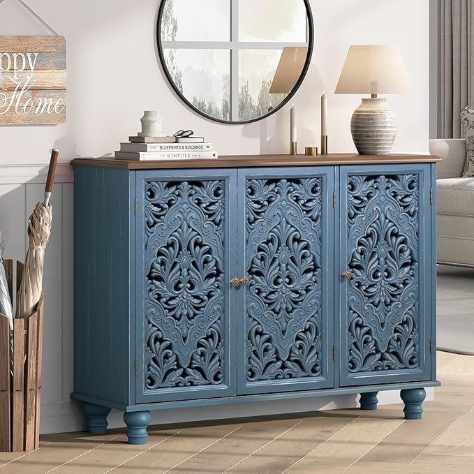 JOINICE 42.5" Accent Storage Cabinet with 3 Carved Doors,Blue & Walnut | Versatile Storage for Living Room & Dining Room & Bedroom & TV Stand, Solid Wood Legs, Farmhouse/Rustic Style, Easy Assembly