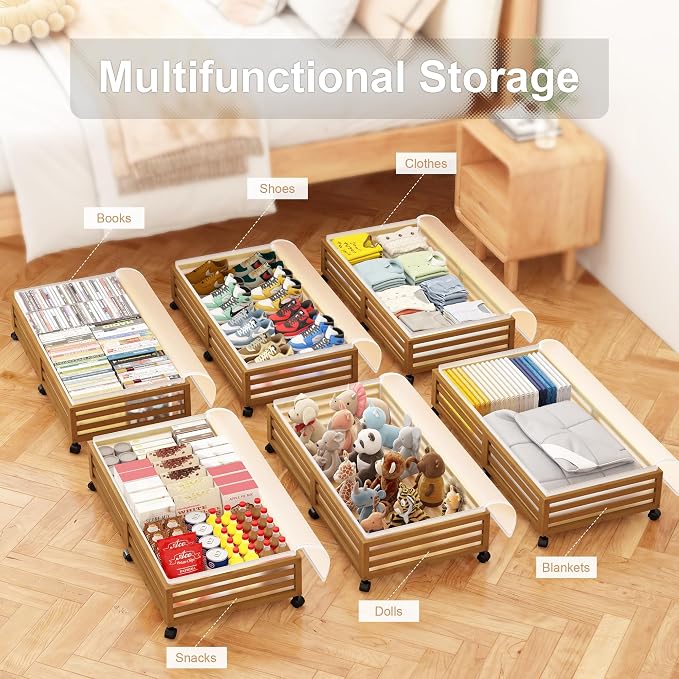 Under Bed Storage with Wheels, 2 Pack Bamboo Drawers for Shoes and Clothes | Fitted dustproof bags, stackable design, smooth pullout access for bedding, blankets, toys and seasonal essentials