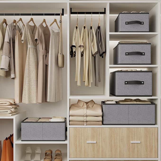 Fabric Closet Storage Boxes,18.5×11×7.9In,Gray Bins,4Pack | Storage Baskets with Handles,Collapsible Clothing Bins,Fabric Drawers,Closet Organizer for Shelves Wardrobe Bedroom