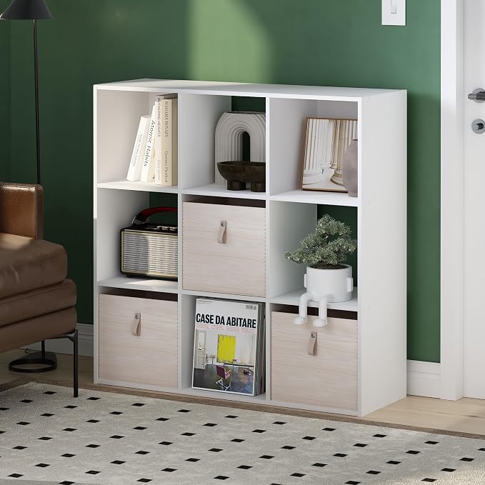 Furinno PELLI Book Shelf, 9-Cube Bookshelf, 3x3 Cube Storage Organizer Bookcase, 11.7 x 35.3 x 35.4, for Living Room, Bedroom, Home Office, White