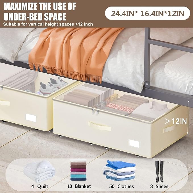 EE-RoomWorld Under Bed Storage with Wheels, No Assemble Required 12 inches height Under Bed Storage bins,Large capacity Rolling Underbed Shoe Storage containers，dorm underbed storage drawers