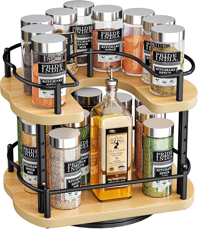 SNTD Lazy Susan Organizer Spice Rack - Spice Organization for Cabinet Height Adjustable Rotating Lazy Turntable, Pantry Kitchen Wood Revolving Seasoning Organizer (Natural, 9 Inch)
