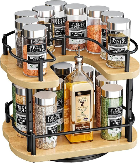SNTD Lazy Susan Organizer Spice Rack - Spice Organization for Cabinet Height Adjustable Rotating Lazy Turntable, Pantry Kitchen Wood Revolving Seasoning Organizer (Natural, 9 Inch)