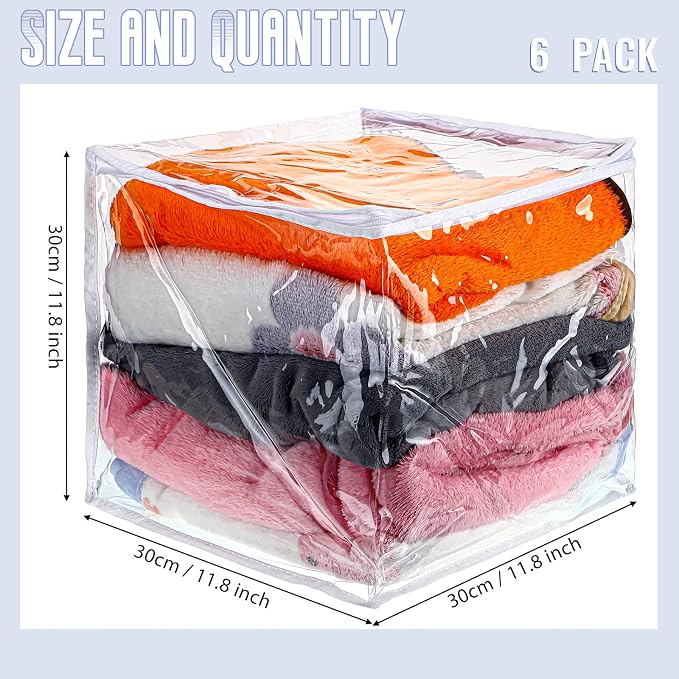 6 Packs Clear Zippered Storage Bags 12 x 12 x 12 Inch Sweater Moth Bags Vinyl Plastic Storage for Blankets Clothes Bed Sheet Organizer with Zipper for Closet Linen Sweater Clothes Comforters Pillow