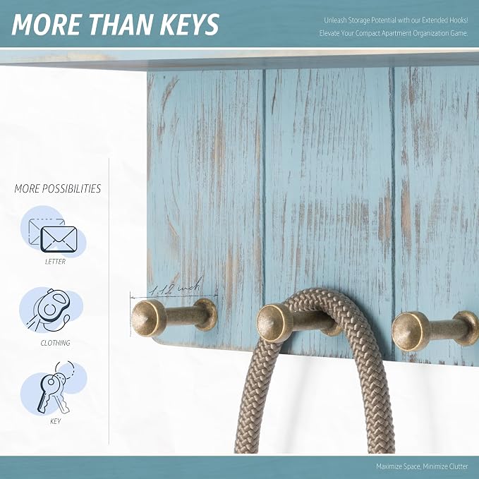 Rebee Vision Key Holder Wall Mount with Shelf for Entryway, Distressed Blue | Key and Mail Holder for Wall, Shelf, 4 Key Hooks, Farmhouse Decor, Room Decor Aesthetic, Compact Home Storage, Wall Organizer