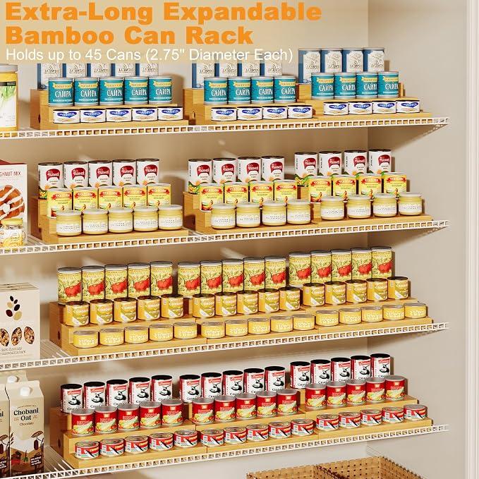 Extra-Long Bamboo Can Rack, 3-Tier Pantry Organizer, Holds 45 Cans | Designed for larger pantries, this extra-long organizer stores up to 45 standard cans while keeping every can visible.