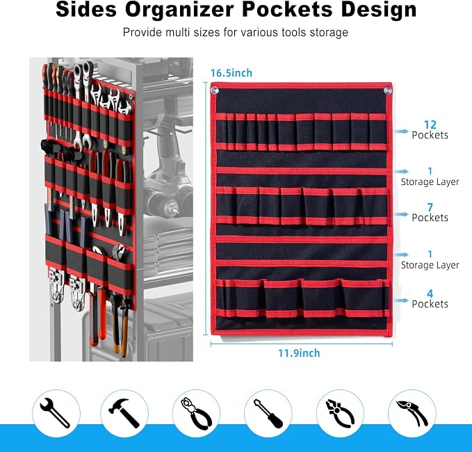 JUNNUJ Power Tool Organizer Cart with Charging Station, 6 FT Cord, Red | Floor Standing, Large Garage Rolling Storage Cart on Wheels, Heavy Duty Drill Battery Storage Rack, with 8 Outlet Power Strip