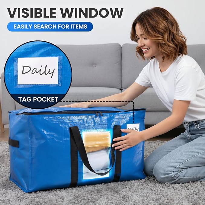 TAILI Extra Large Moving Bags, 6 Pack Blue Heavy Duty Totes For Storage with Visible Window, Wrap Around Handles, Storage Bags for Space Saving, Alternative to Moving Boxes