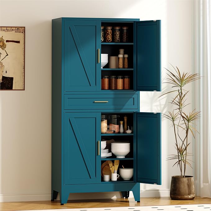 COFaR 71" Metal Pantry Cabinet with Drawer, Peacock Blue Storage Cabinet with Adjustable Shelves, 3-Section Modern Statement Cupboard for Kitchen & Bathroom