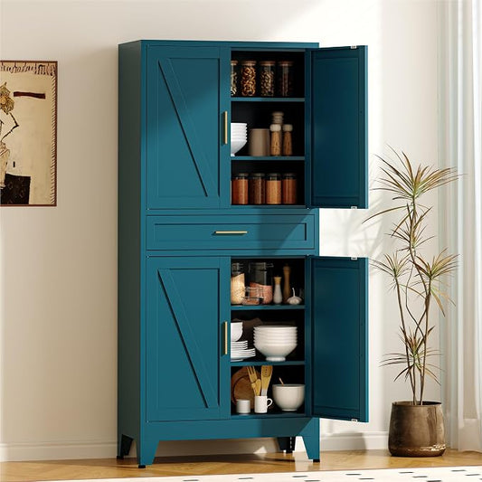 COFaR 71" Metal Pantry Cabinet with Drawer, Peacock Blue Storage Cabinet with Adjustable Shelves, 3-Section Modern Statement Cupboard for Kitchen & Bathroom