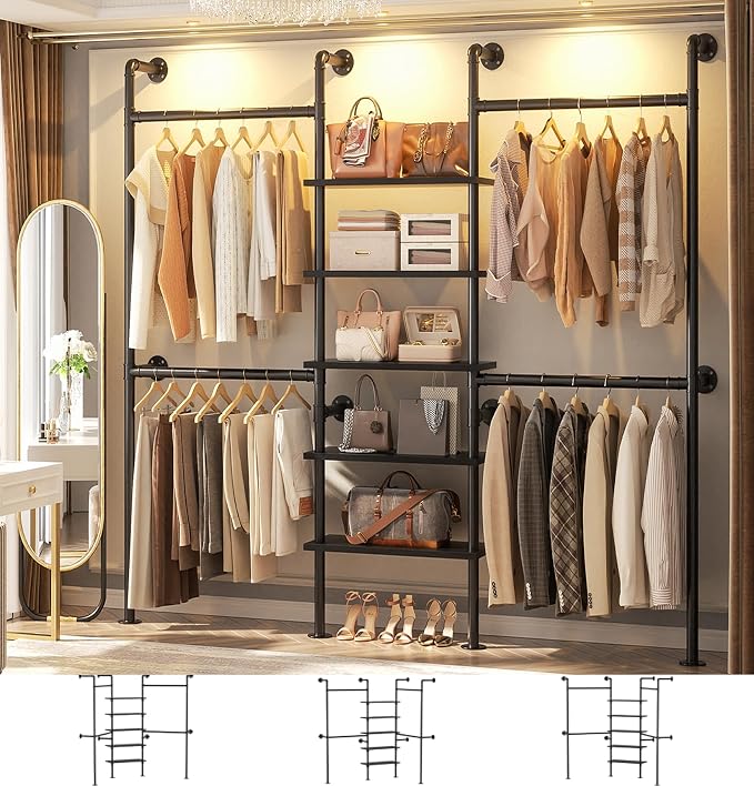 Aheaplus Industrial Pipe Clothing Rack, Reversible 6.42FT Clothes Rack for Hanging Clothes, Heavy Duty 5-Tier Closet Wardrobe Garment Racks with Shelves, Corner Closet Organizer System, Black