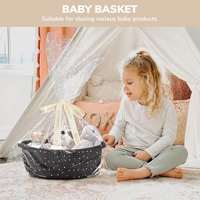 CHICVITA Small Woven Boo Basket Empty with Bags & Ribbon for Gift, Black | 12"x 8"x 5" Woven Gift Basket Empty to Fill, Baskets for Organizing, Cute Basket for Dogs Cats, Organizer for Shelves