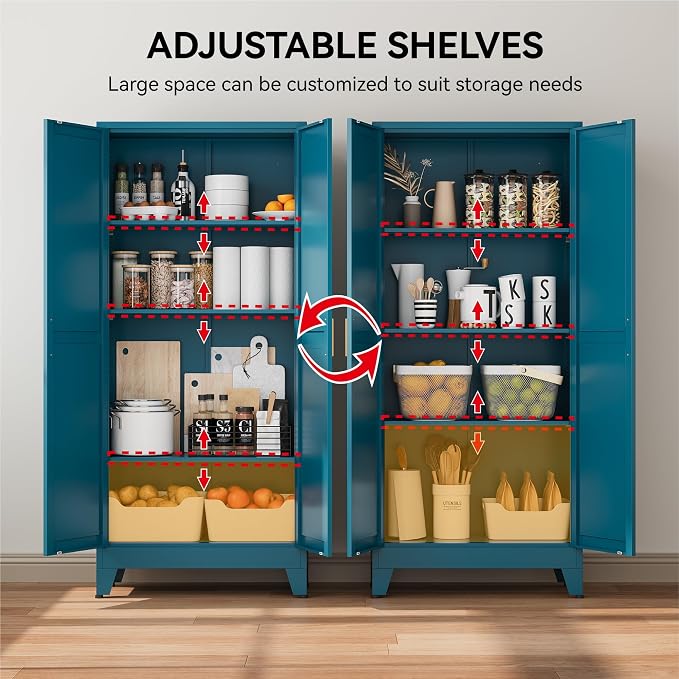 COFaR 61" Metal Pantry Cabinet in Peacock Blue, Farmhouse Storage Cabinet with Adjustable Shelves, Sturdy Freestanding Cupboard for Kitchen Organization, Bathroom & Living Room
