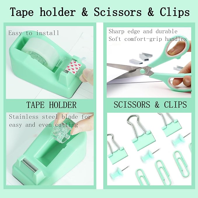 Dimonluce Green Office Supplies, Teal Desk Accessories Accessories with Tape Dispenser, Stapler, Staple Remover, 1000 Staples, Tape, Clips Set, Ruler, Scissor, Pen