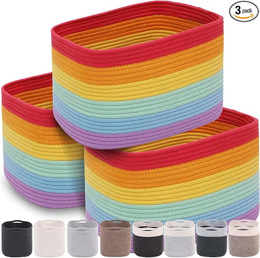 CHAT BLANC Cotton Rope Baskets for Organizing, Shelves, Toys, Storage, Shoe, Bathroom, Laundry, Towel, Nursery, Home Decor, Blanket, Cloth Woven Bins Fabric (Rainbow, 15"x10"x9")
