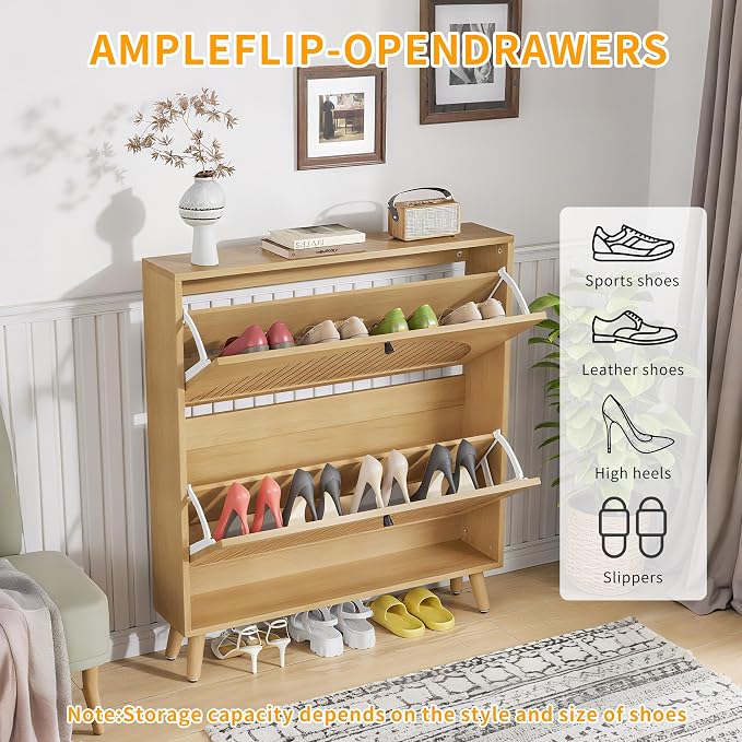 Fsbecl Shoe Storage Cabinet for Entryway with 2 Flip Drawers, Narrow Wood Shoe Cabinet with Fluted Panel, Freestanding Hidden Shoe Organizer for Hallway