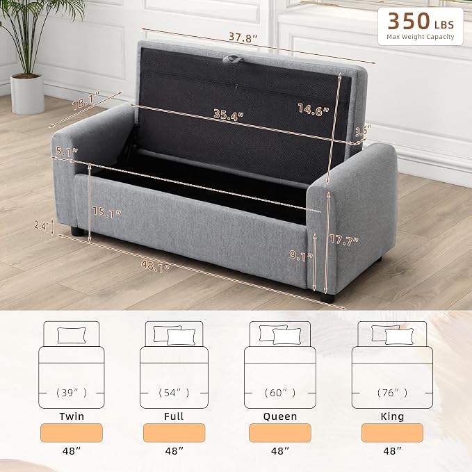 48" Ottoman with Storage, Tufted Storage Ottoman Bench, Convenient Living Room Fabrics Bench Seat, Entryway Shoe Benches with Inner Zipper & Arm, Rivetless Upholstered Window Seat Ottomans, Dark Grey