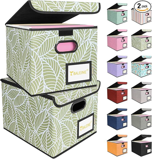 BALEINE File Organizer Box with Lid, Collapsible File Folder Organizer with Plastic Slide, Hanging File Folder Box for Office Document Storage (2 Pack, Antique Foliage)