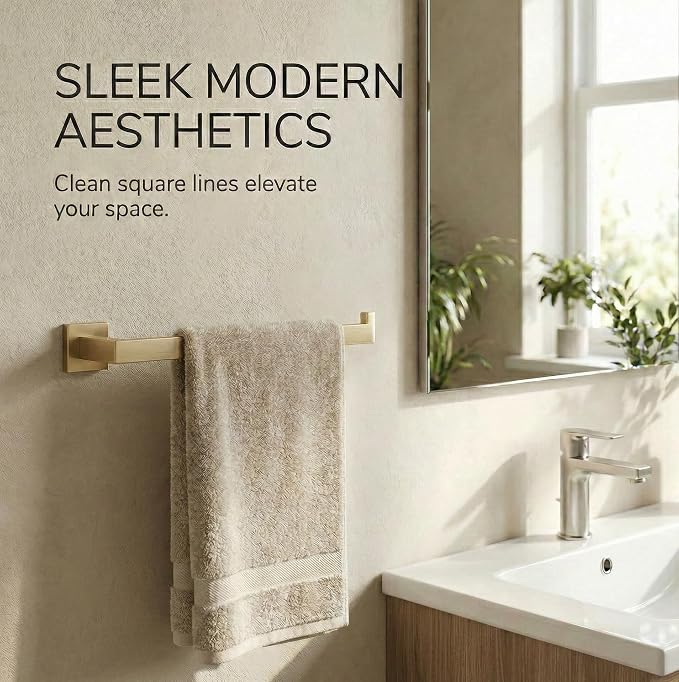 5-Piece Bathroom Hardware Set, 23.6 in Towel Bar, Brushed Gold | 304 stainless steel, towel ring, toilet paper holder, 2 robe hooks, wall-mounted, installation hardware included