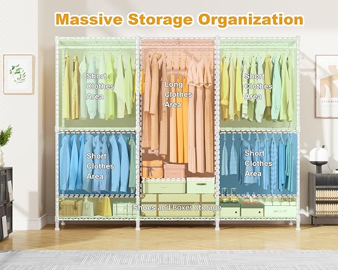 E14C Pro Heavy Duty Closet Organizer System，Freestanding Clothing Racks for Hanging Clothes，Adjustable Garment Rack 69" W × 16" D × 77" H Hold 960 lbs，White Rack with Grey Dustproof Cover