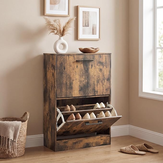 HOMCOM Shoe Cabinet with 2 Flip Drawers, up to 12 Pairs, Rustic Brown | Narrow Storage Cabinet, Adjustable Dividers, Entryway Shoe Storage Unit, for Hallway