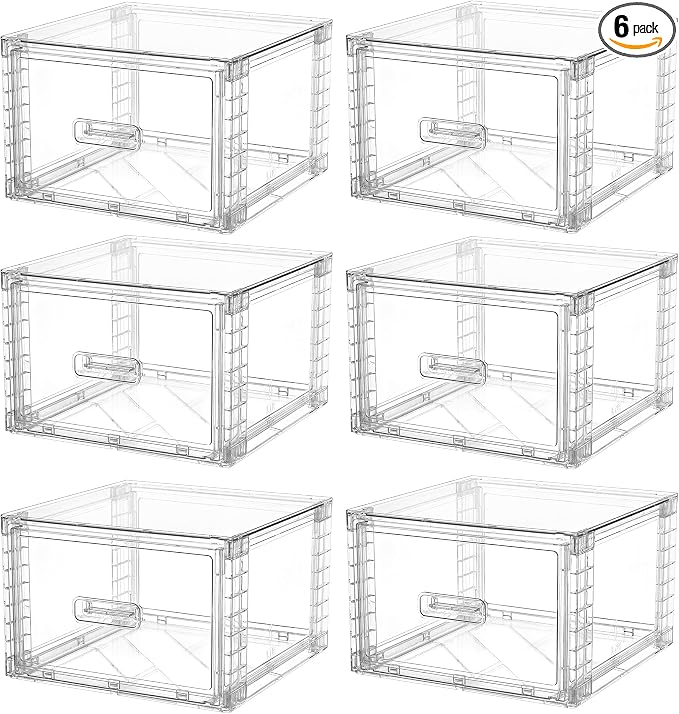 Vtopmart 6 Pack Clear Stackable Storage Bins 15QT | Easily Assemble Bathroom Organizers,Plastic Storage Bins for Kitchen Pantry,Under Sink Organization(Medium)