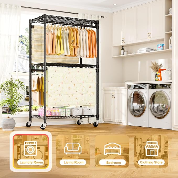 P5 Rolling Clothes Rack, Clothing Racks for Hanging Clothes, Black | Heavy Duty Garment Rack with Wheels, 3-Tier Shelves, Portable Closet Racks 39.4'' W × 20.5'' D × 80.5'' H, Max Load 650 Lbs