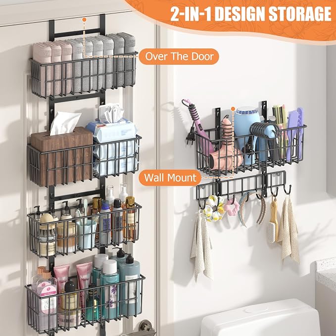 Hongtamoya Adjustable Over the Door Organizer, Metal Hanging Door Organizer with 5 Wire Basket 7 Hooks, Wall Mounted Shelf for Pantry Laundry Organization and Storage, Black