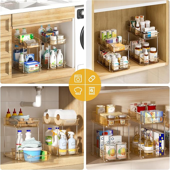 Delamu 2-Tier Under Sink Organizers and Storage, Multi-Purpose Stackable Bathroom Cabinet organizers, Pull Out Kitchen Pantry Organization and Storage with Dividers(4 Pack, Amber)