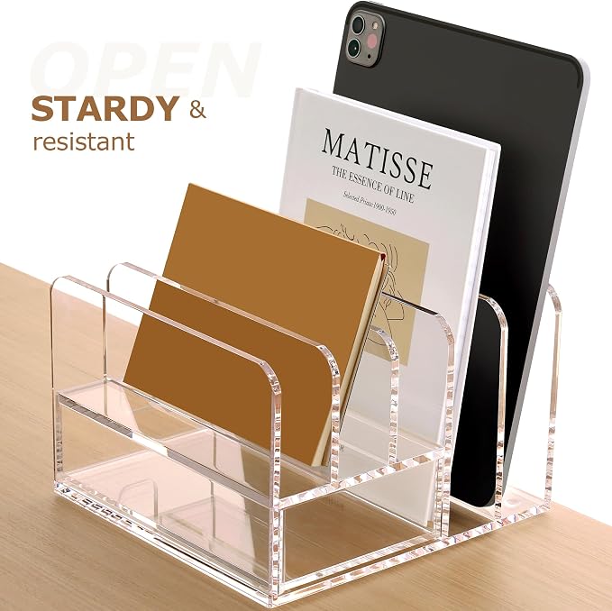 Acrylic Mail Sorter Desk Organizer Holder with Drawer, 5 Compartments Clear | Small File Script Letter Document Storage for Desk Bill Filling Envelope Holder Office, Home, School Organization