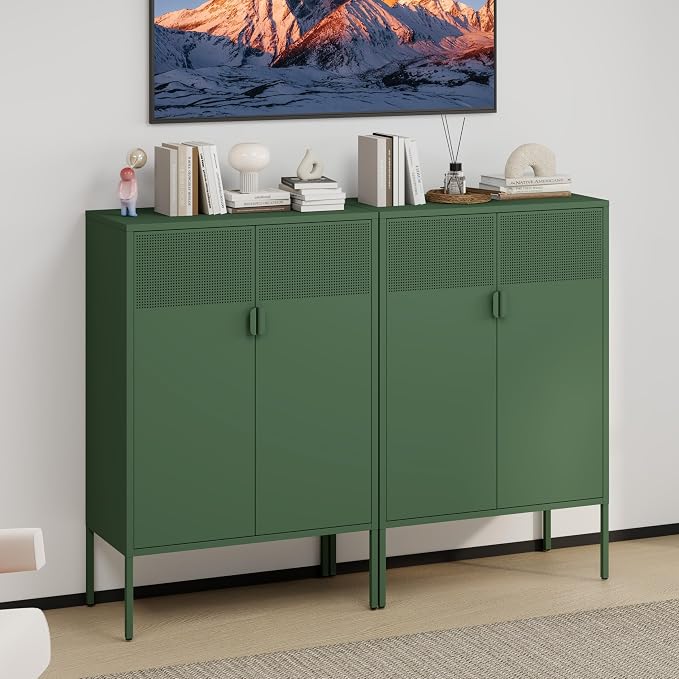 3-Tier Metal Storage Cabinet with 2 Adjustable Shelves & Mesh Doors | Metal Locker Accent Cabinet with Legs, Green Storage Cabinets, Metal TV Stand Cabinet for Home Office, Entryway & Hallway