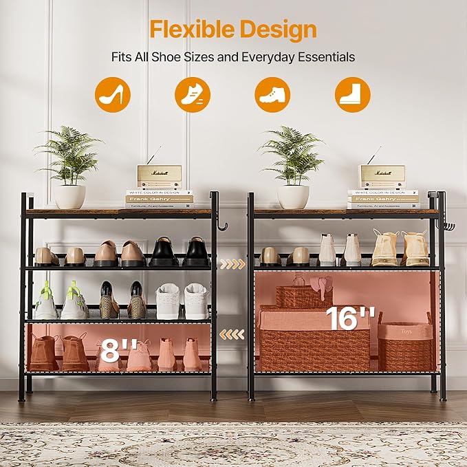 4 Tier Shoe Rack, Shoe Rack for Entryway with Hook, Shoe Organizer with Adjustable Mesh Shelves, Metal Shoe Storage, Closet, Bedroom Living Room Garage