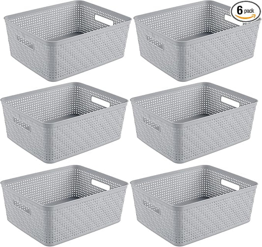 Sterilite 6-Pack Short Basket, Woven Plastic Storage Baskets for Organization, Cement - Organizing Bin Containers with Handles for Bedroom, Bathroom, Dorm, and Closet