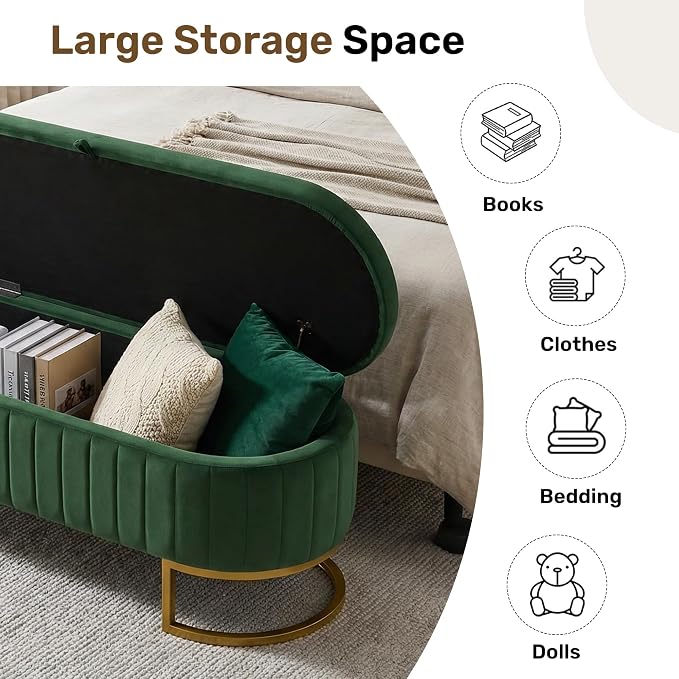 51" Velvet Storage Ottoman Bench End of Bed for Bedroom Entryway Green