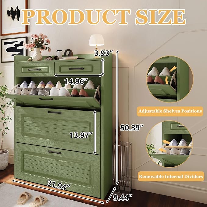 ODUWA Shoe Cabinet with 3 Flip Drawers and 2 Storage Drawers, Shoes Organizer Cabinets with Adjustable Divider, Hidden Shoe Rack Shoe Storage Cabinet for Entryway, Hallway, Green