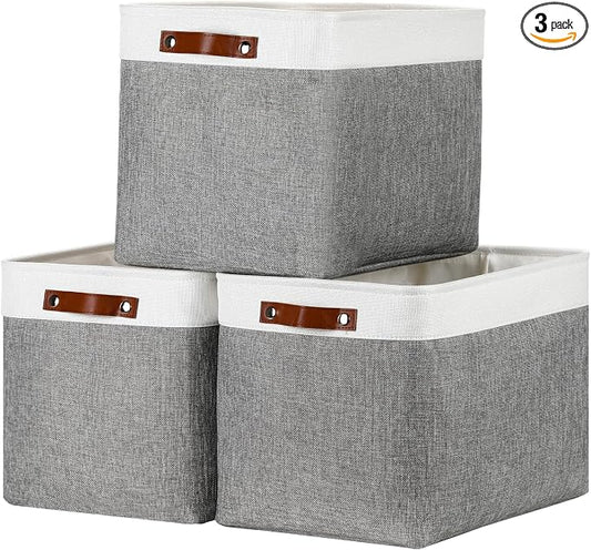 DULLEMELO Large Storage Baskets, Fabric Storage Basket with Leather Handles for Shelves Closet Nursery Toy Storage, Collapsible Fabric Baskets for Toy Book Magazine Towel Organizers(White&Gray)