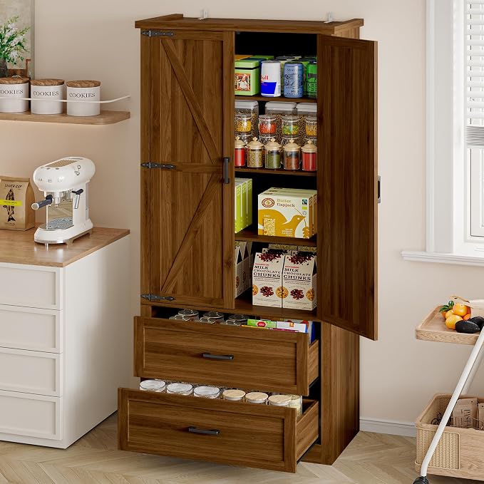 BORNOON Pantry Organizers and Storage Cabinet, 71” Barn Door White Kitchen Cabinet with Drawers and Adjustable Shelf, Tall Pantry for Kitchen, Dining Room, Living Room. Bathroom and Office