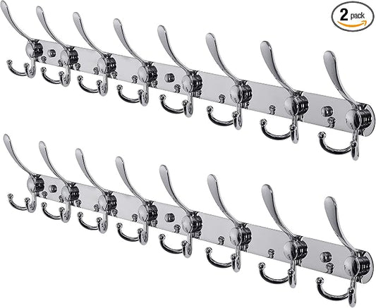 Dseap Coat Rack Wall Mount - 29.5” Long 8-Tri-Hooks Heavy Duty Coat Hanger Rail Wall Hooks for Hanging Coats Hats Clothing Clothes Purse Mudroom Entryway, Chromed, Pack of 2